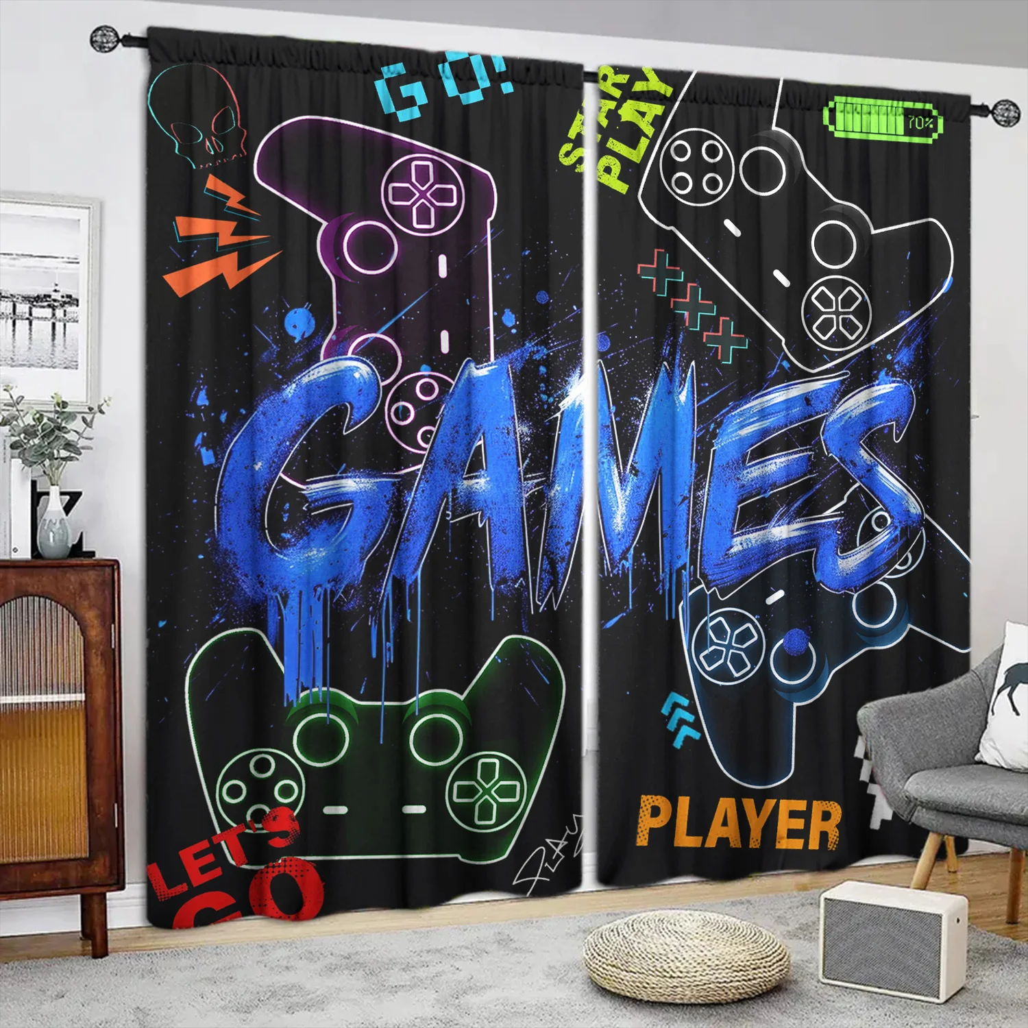 2 panel Gamepad Printed Curtains for People Bedroom Living Room Floor-to-ceiling Window Kitchen Blinds cortinas Drape Free Ship