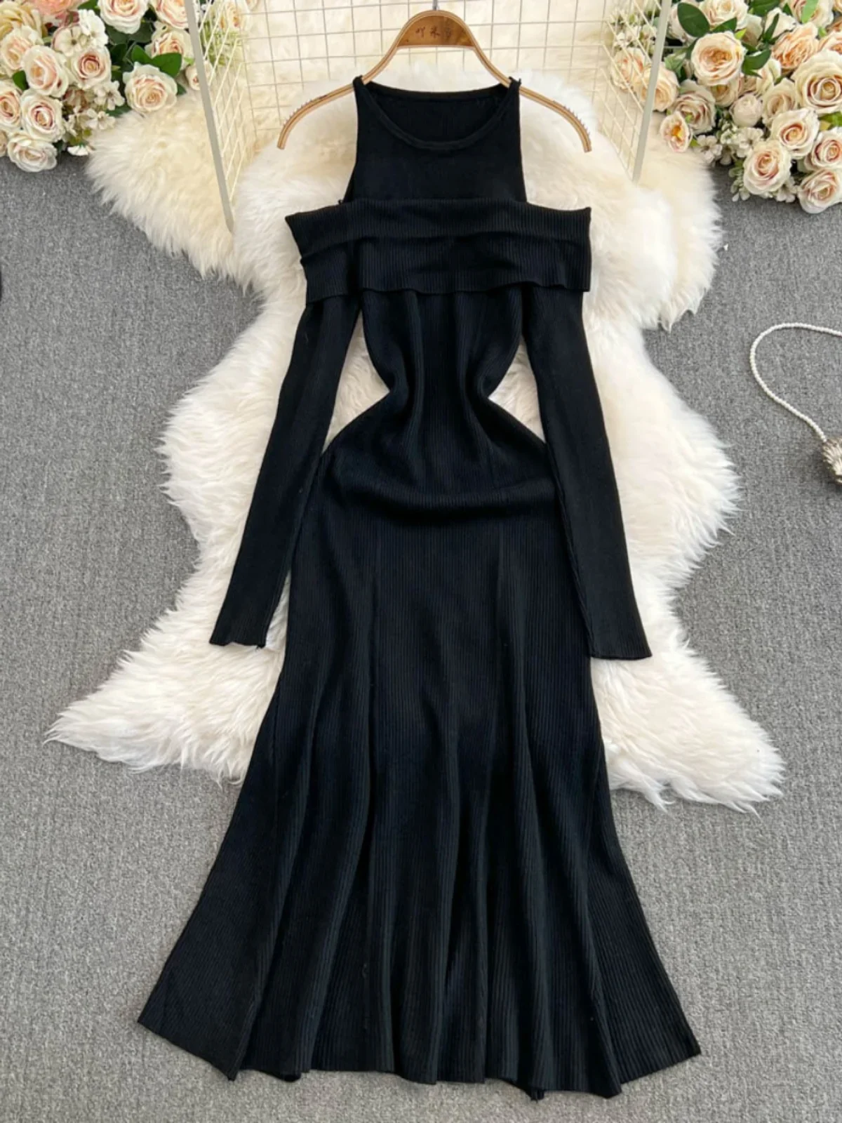 Foamlina Autumn Winter Celebrity Long-sleeved Round Neck Sweater Dress Women's Waist Thin Fishtail Bodycon Long Knitted Dress