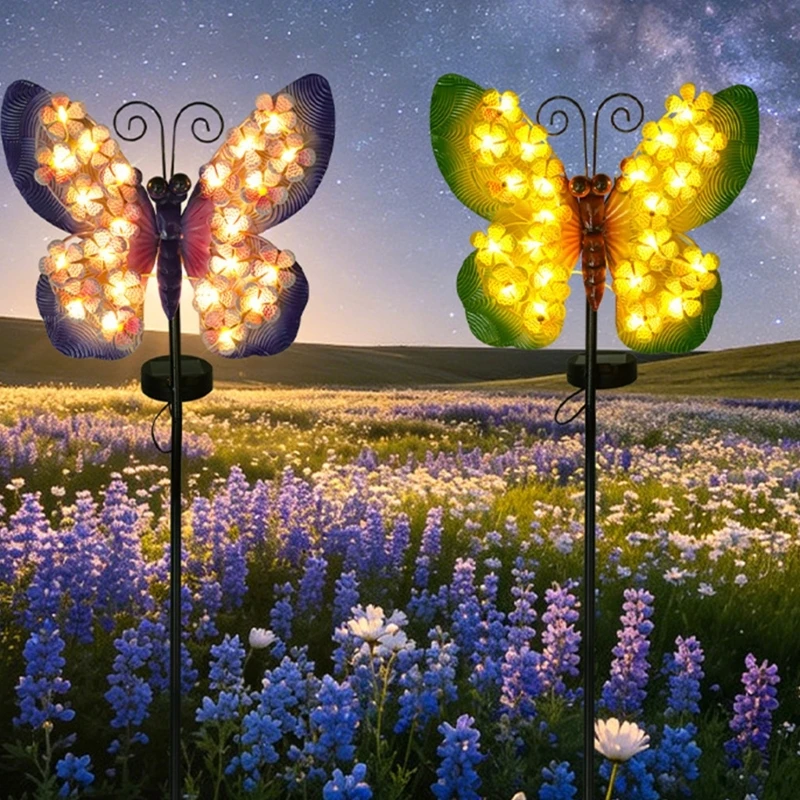 Sun Charged Butterfly Stake Lamp, Metal Outdoor Yard Decor Accent for Lawn Walkway Patio Use and Evening Display M4YD