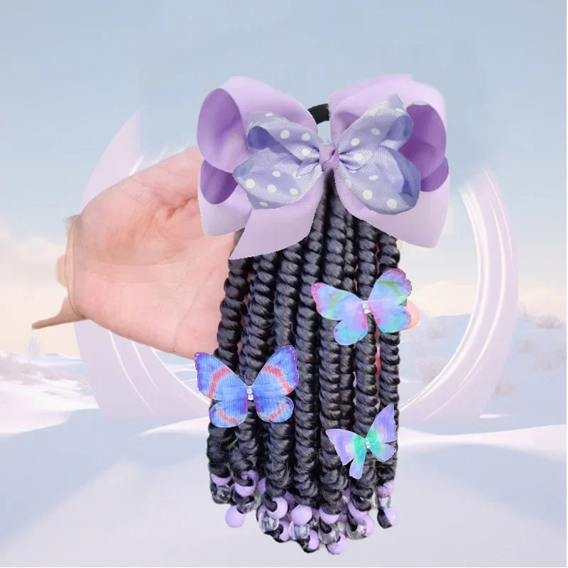 2pack Custome- Braded Ponytails for Girls Kids 6inch Box Braid  Hair Extension Synthetic with Bows Clip Butterfly Easy To Match