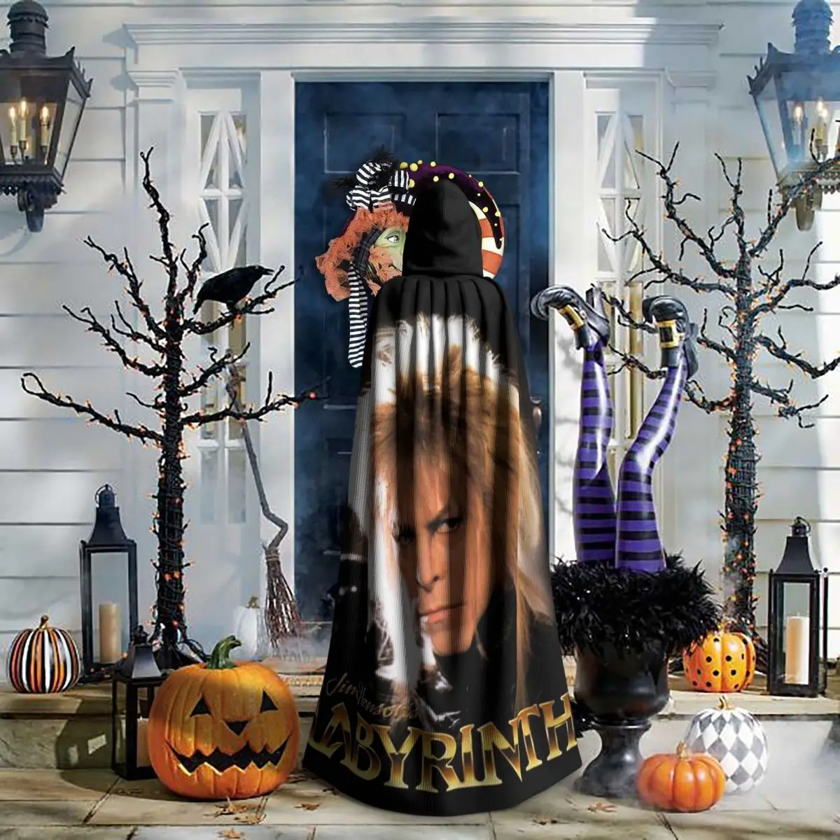 Jareth ملك العفاريت الوقاية في متاهة طويلة مقنعين عباءة الساحرة القرون الوسطى زي تأثيري كيب هالوين مصاص دماء