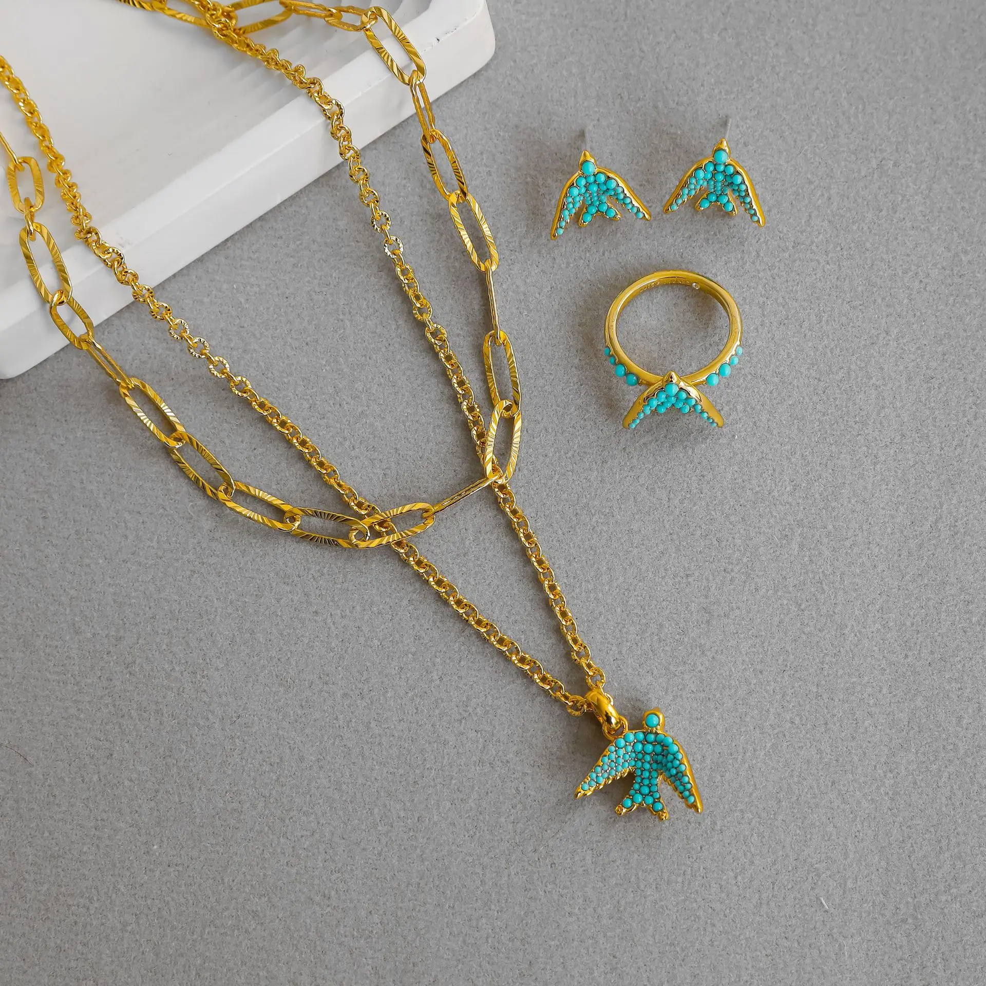 YEEVAA Melody Bird Multi Strand Necklace/Stud Earrings/Cocktail Ring, Jewelry Set, Fashion Jewelry for Women, Unique Gifts