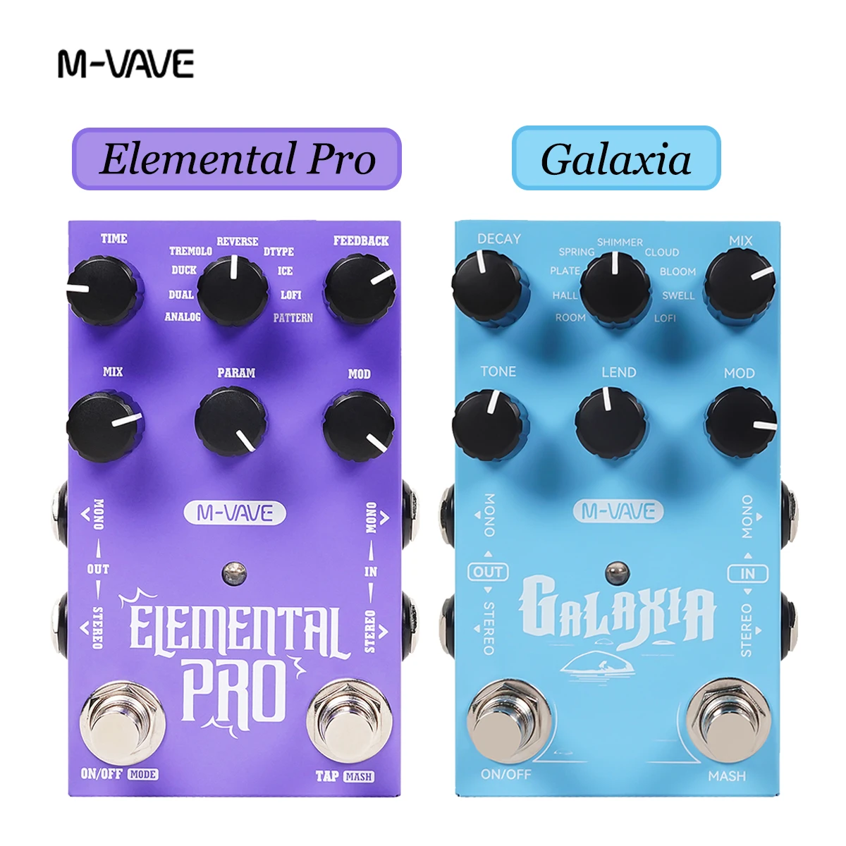 M-VAVE GALAXIA / ELEMENTAL PRO Pédale d'effets stéréo pour guitare – Réverbération et Delay, 9+9 algorithmes, Freeze/MASH, DC/USB-C