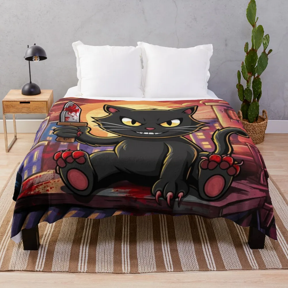 Beautiful illustration of a cat with a knife Throw Blanket Summer Tourist Blankets