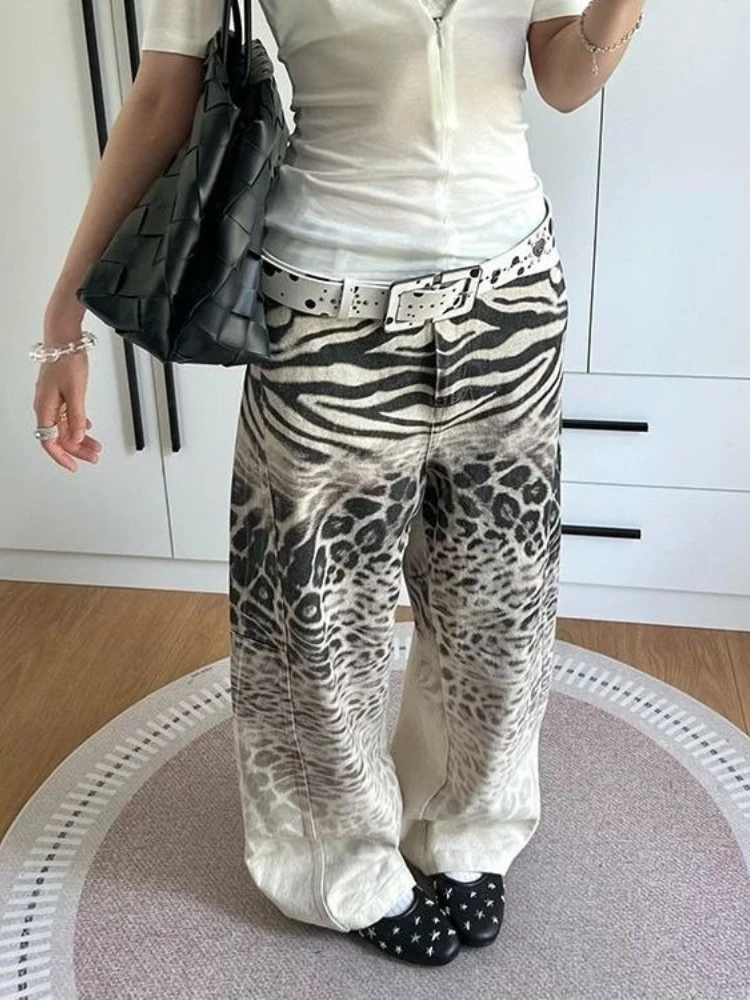 HOUZHOU Vintage Luipaardprint Baggy Jeans Vrouwen Hip Hop Y2k Rechte Denim Broek Amerikaanse Retro Oversized Streetwear Jeans