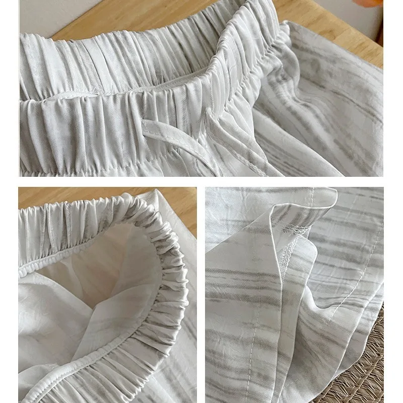 Ink Painting Striped Ice Silk Satin Acetate High-waisted Wide-leg Pants for Women  Straight Floor-length Drapey Casual Pants