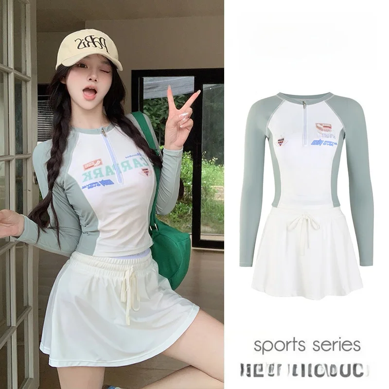 

Conservative Two-Piece Long Sve Dr Sle Swimming Suit for Women Thermal Spring Bathing plus Size Student Fitn Swimwear