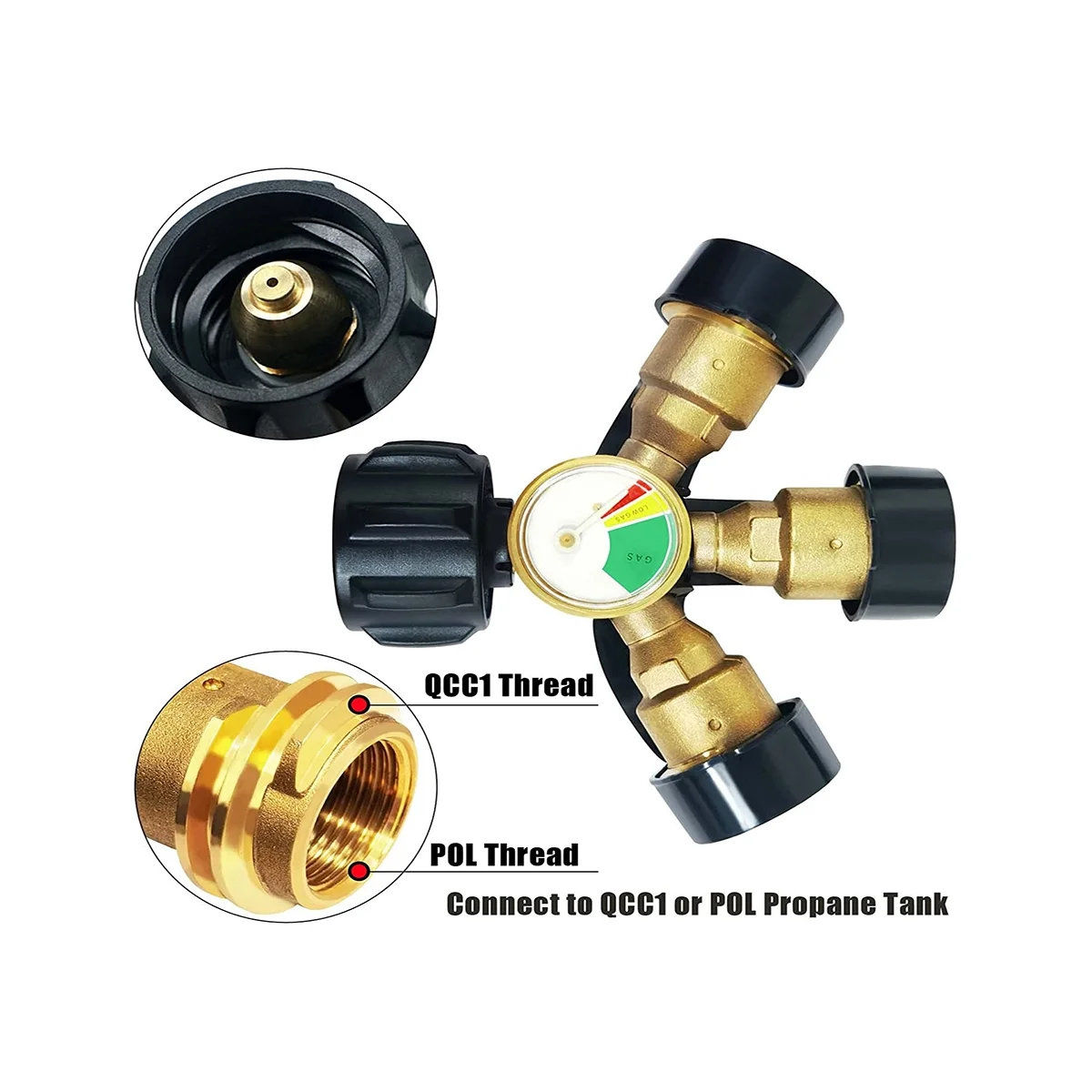 3 Way Propane Splitter / with Gauge and Shut-Off Valve, Propane Tank 3 Y Splitter Adapter for Propane Tank