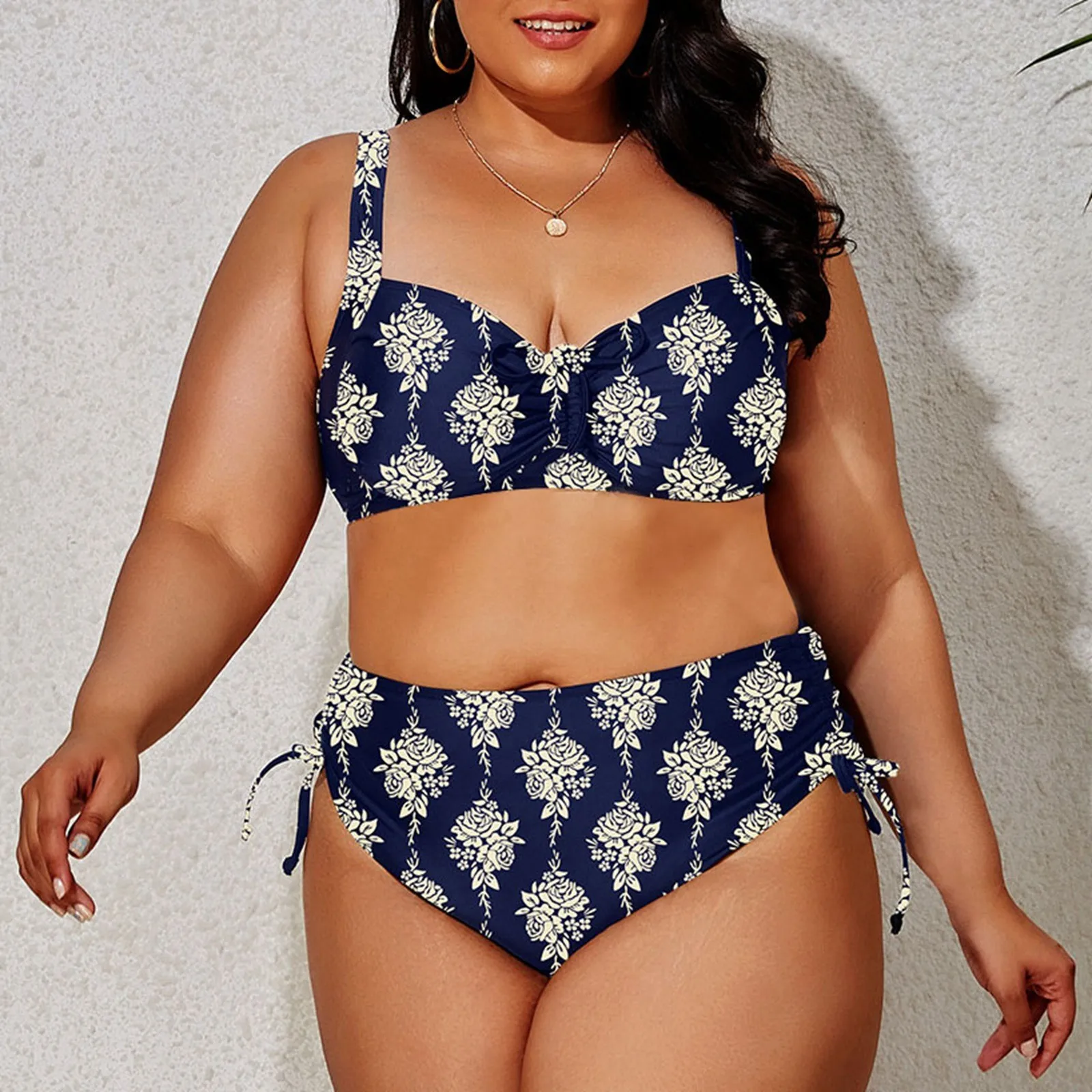 2024 Fashion Plus Size Bikinis New Floral Print Ruffle Two Pieces Swimwear Womens Patchwork Biqunis Push Up Swimsuit Big Breast