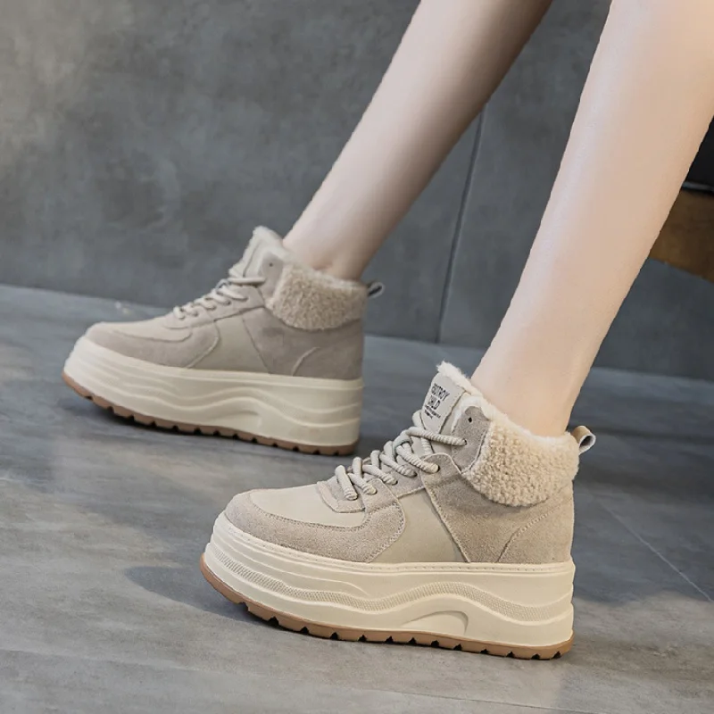 

7cm Heel Winter Snow Boots with Fur Non-Slip Warm Short Boots for Petite Genuine Leather Platform Boots for Women 2025