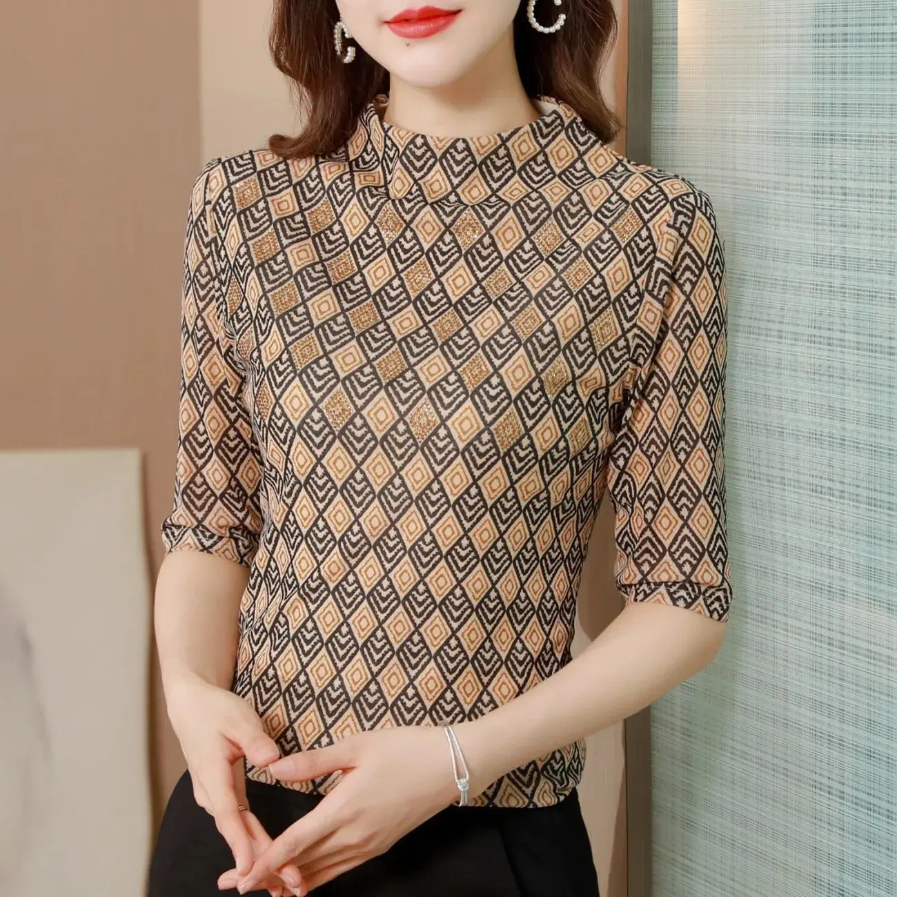 High-end mother wear half-sleeve mesh printing diamond-studded stand-up collar T-shirt women's slim fashion bottoming shirt