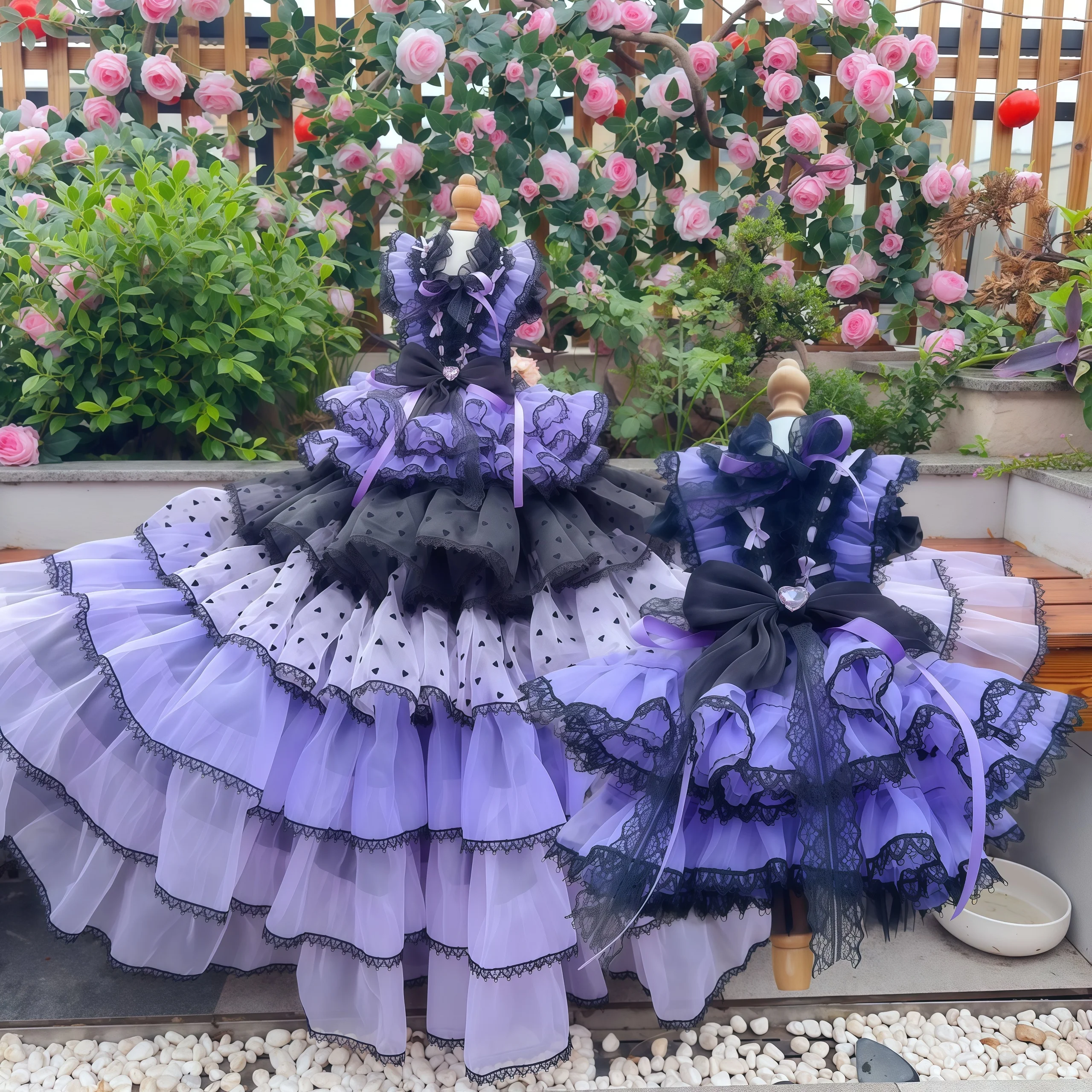 

Luxury Handmade Princess Dress for Small Medium Dogs Black Purple Lace Bow Long Tail Puppy Dog Costume Fine Fashion Pet Clothes