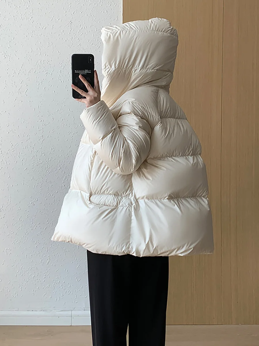 เสื้อแจ็คเก็ตผู้หญิงแบบมีฮู้ดสำหรับฤดูหนาว สีพื้นเรียบง่าย แบบเย็บติดกัน แจ็คเก็ตพัฟสไตล์เกาหลี แฟชั่นลำลองสำหรับผู้หญิง เสื้อโค้ทหนาอุ่น
