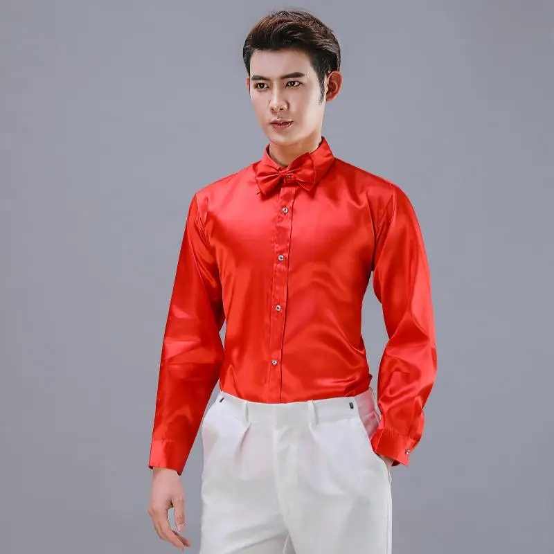 Solid Silky Satin Dress Men Shirt Long Sleeve Stage Host Easy Care New Fashion Quality Soft Comfortable Design Camisas De Hombre