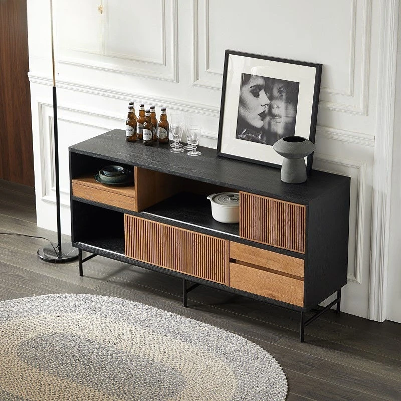 레트로 컬러 매칭 티크 원목 다이닝 사이드 캐비닛, 거실 중세 와비사비 스타일 가정용 차 그릇 캐비닛