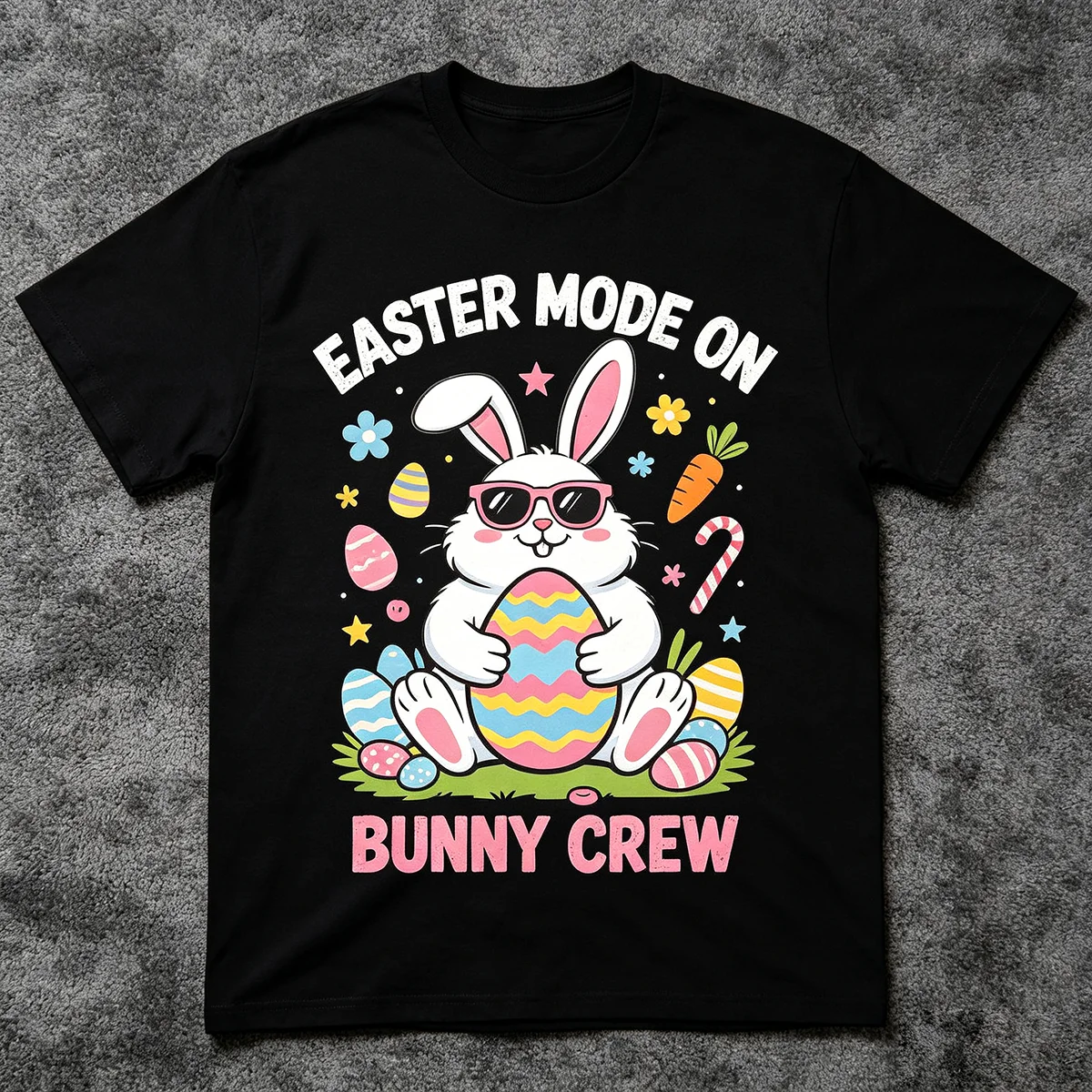 Easter Mode On Bunny Crew Cute Easter Rabbit Graphic T‑Shirt Colorful Easter Egg Holiday Print Unisex Cotton Streetwear Short Sleeve Tops for Men Women Easter Family Party Gift