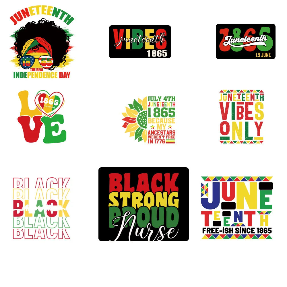 JUNETEENTH Vibes 1865 Iron-On Transferência para Roupas, DIY Patches, lavável T-Shirts, Thermo Adesivo Applique, 9 PCs