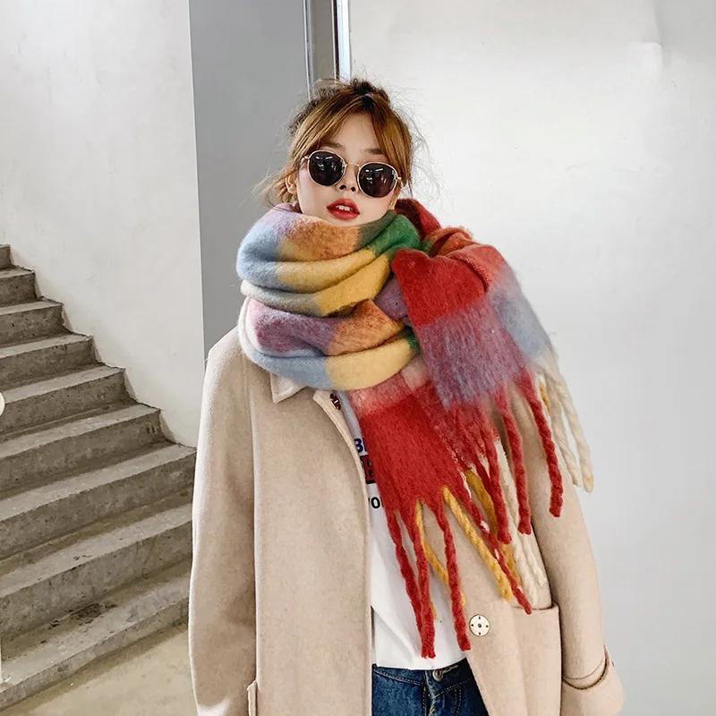 

INS Rainbow Colorful Tassel Scarf Ladies Korean Chic Trend Women's Scarves Imitation Mohair Plaid Muffler Warm Thick Female Wrap