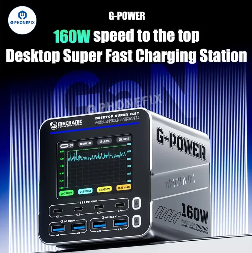 Mechanic G-Power Series 160W Desktop Super Fast Charging Station Type-C USB Port 15W Pd Qc3.0 Gan Wireless Charging Support