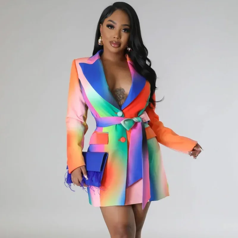 

GUWU Rainbow Print Blazer for Women Coat Notched Collar Pockets Slim Fit Elegant Blazers Ladies Outerwear Fall Tops Sashes