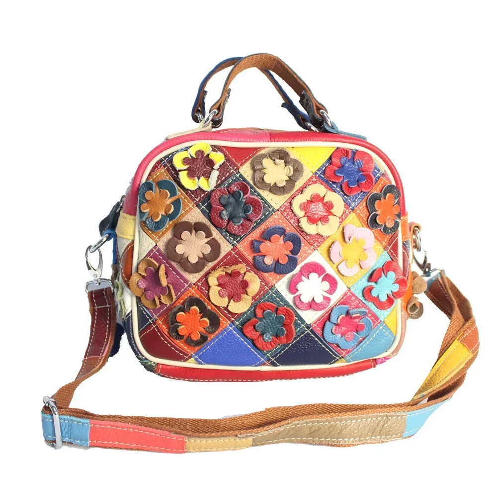 Multi-color Floral Patchwork Handbag 2026 Female Fashion Flower Genuine Leather Big Capacity Messenger Bag for Women Daily Work