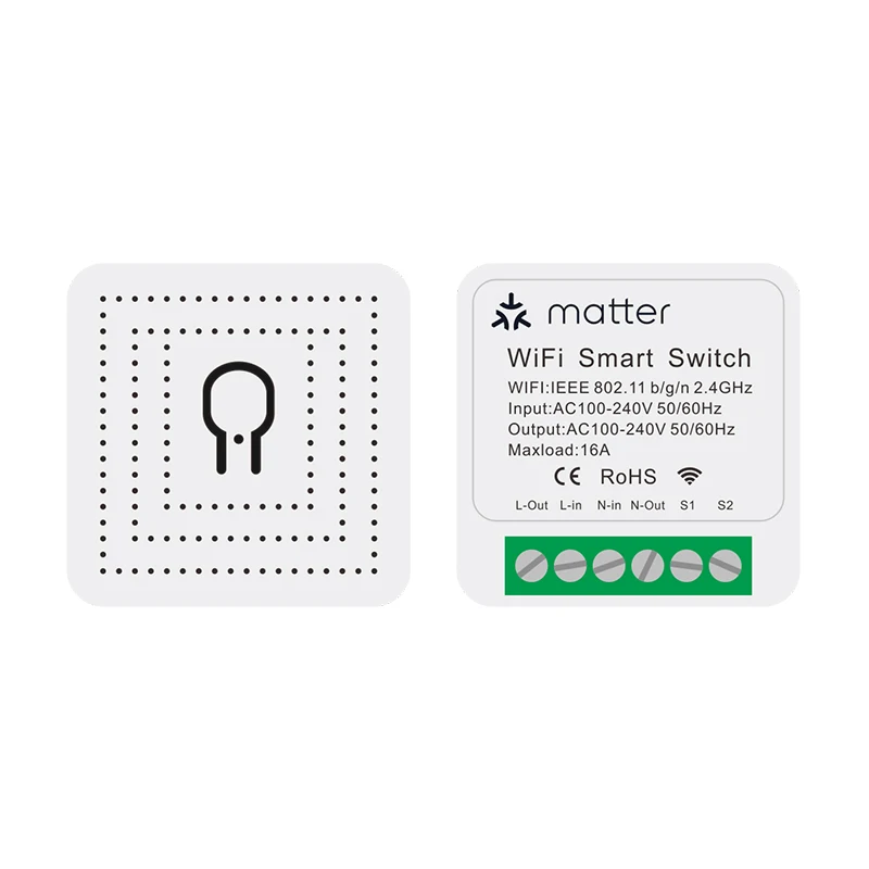 Matter Certified WiFi Smart Switch 16A Relay Module, Smart Home Light Switch Voice Control Compatible with Alexa/Google/HomeKit/
