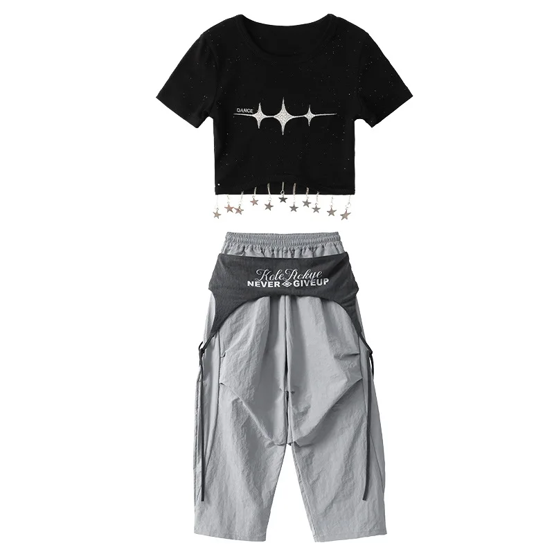 

Girls Hip-hop Street Dance Clothing K-pop Stage Outfits Jazz Dance Clothes Black Crop Tops Baggy Pants Group Party Rave Sets