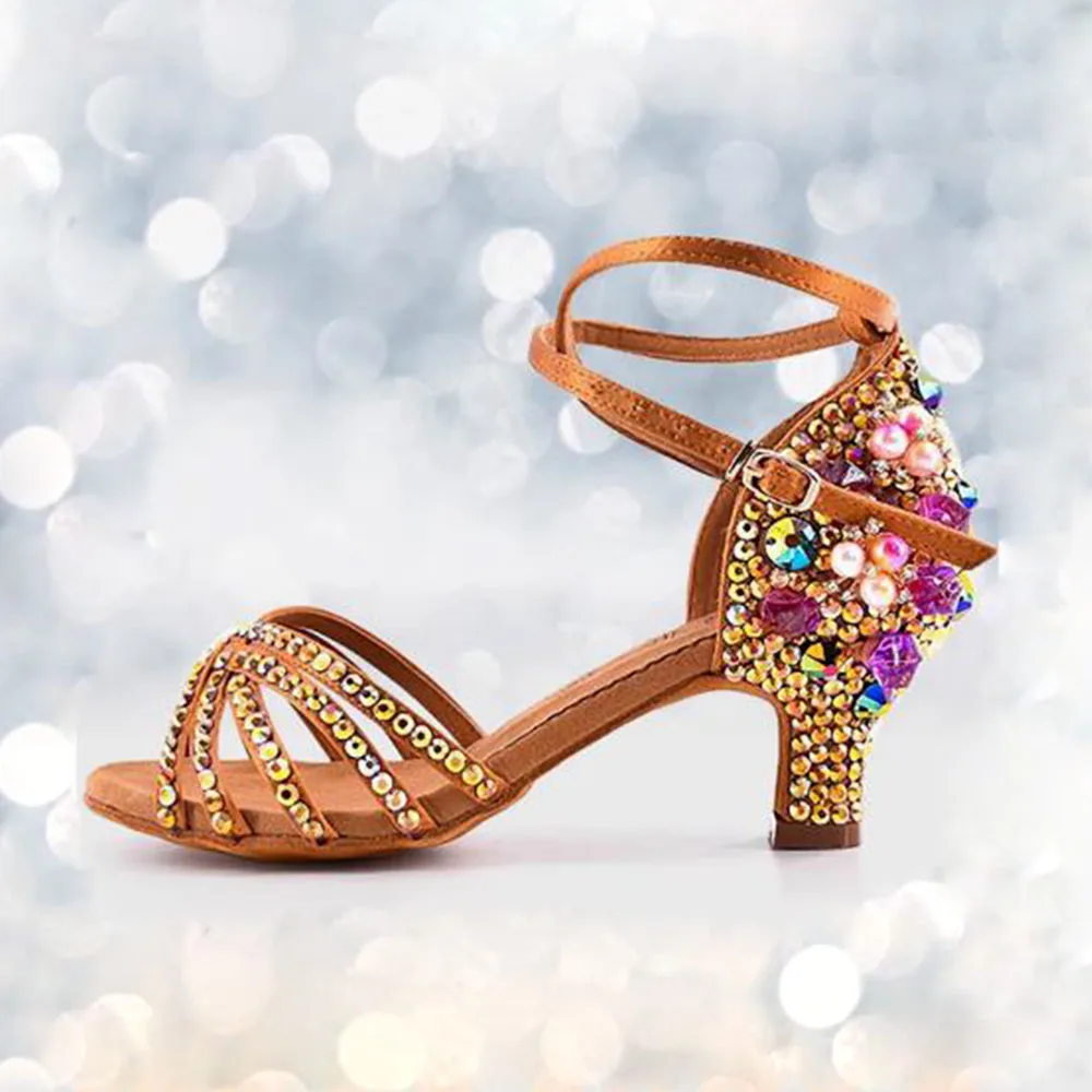 

Latin Dance Women's Soft soled High Heels with Diamond studded Satin Premium Edition Competition Professional Dance Shoes SALSA