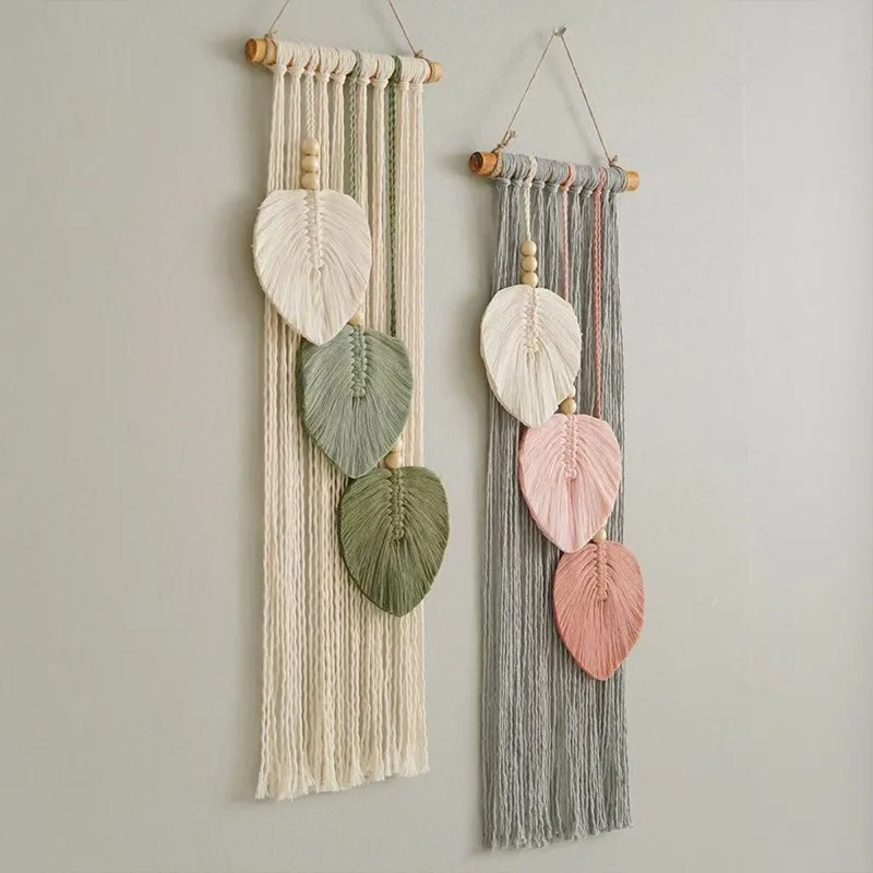 Nordic Wind Wood Pole Leaf Cotton Tapestry Hand-woven Tassel Wall Decoration Hotel Horizontal Background Wall Decoration Pendant