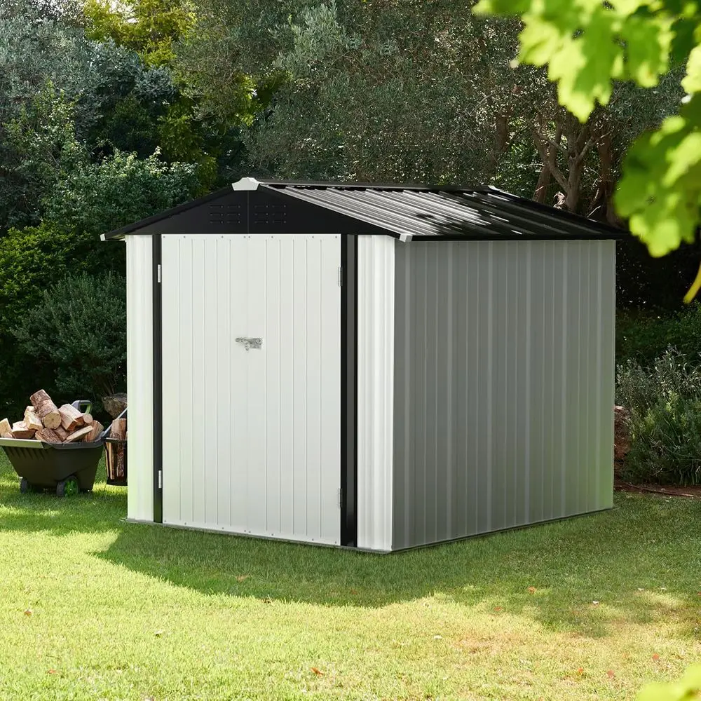 

Outdoor Metal Storage Shed, Waterproof Garden Tool House with Lockable Door, White