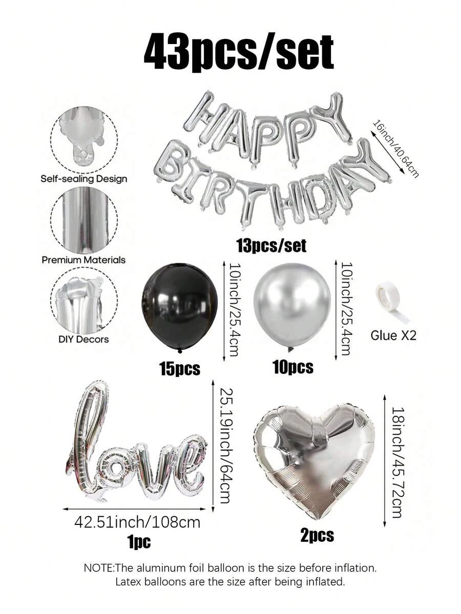 Verschiedene Arten von Geburtstagsballon-Sets, einschließlich 16-Zoll-Folienballons in Buchstabenform, herzförmige Folienballons und Latexballons. – Detail 8