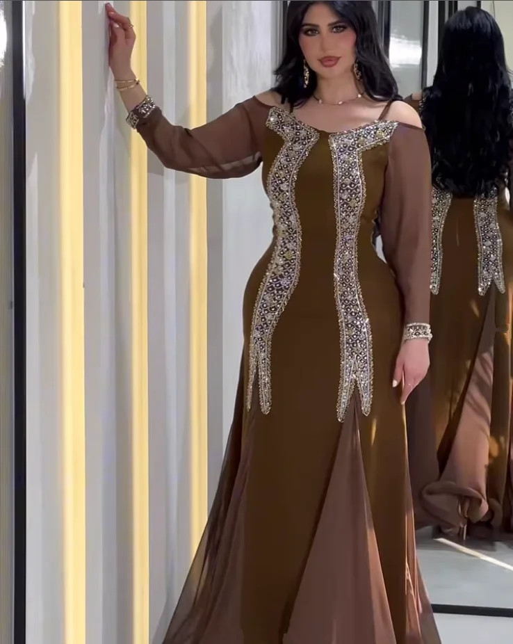 반짝 이는 갈색 인어 이브닝 드레스 크리스탈 오프 어깨 긴 소매 맞춤형 저지 아랍어 사우디 댄스 파티 드레스 복장