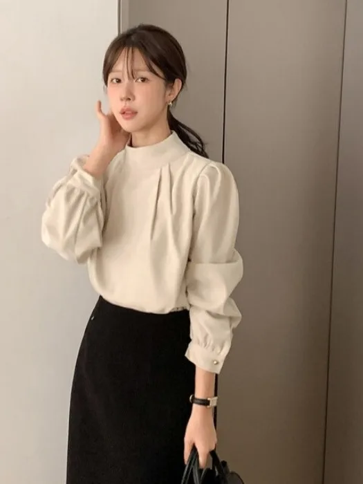 Ele Korean Sle Damska bluzka z długim rękawem, stójką, delikatnie plisowana, uniwersalna, codzienna, modna na wiosnę, lato i jesień.