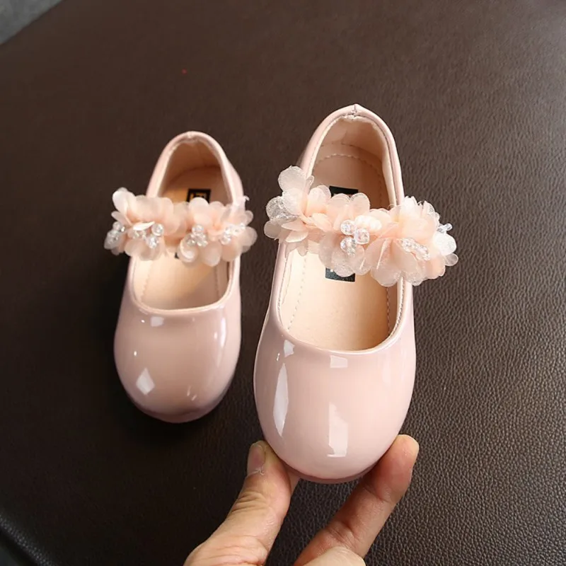 Scarpe in pelle per bambini ragazza rosa maglia fiore perla bambini ragazza principessa scarpe da festa suola in gomma scarpe eleganti bambini che