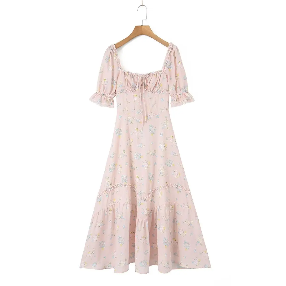 Retro Corset Style Flower Print Ruffles Hem Swing Dress Spliced Wood ears Puff Sleeve Chest Ruched Square Collar Midi Robe Fairy