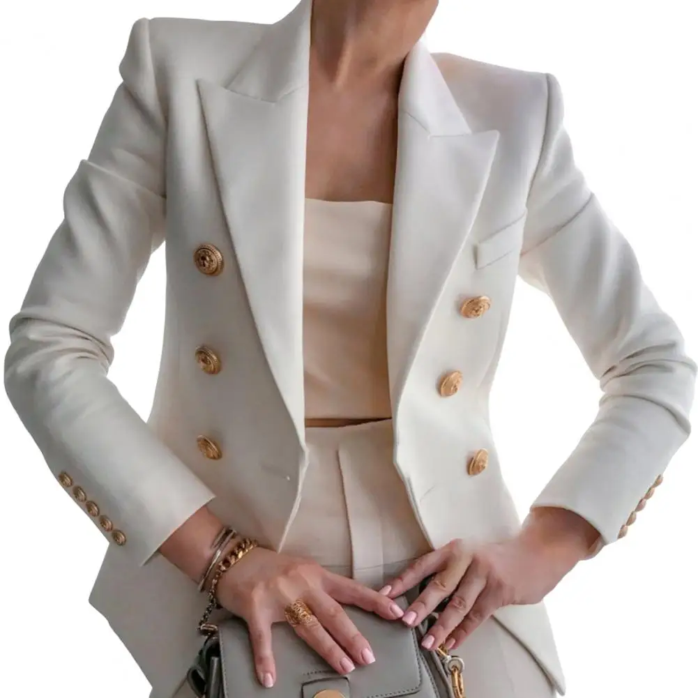 Women Suit Coat Lapel Long Sleeve Solid Color Suit Jacket Loose Fit Double Breasted Work Outwear Business Casual Wear