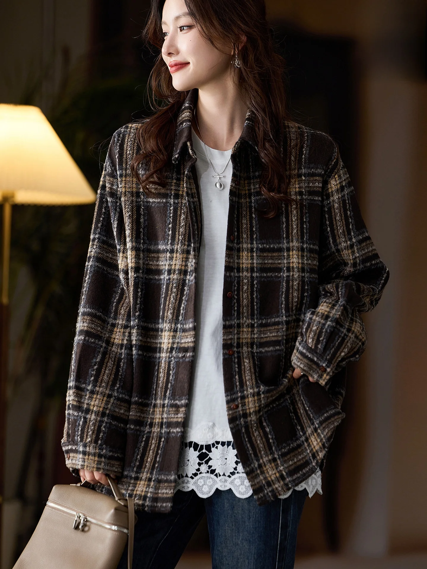 

Женское шерстяное пальто свободного кроя в клетку, осенняя коллекция 2025, новинка, большие размеры, европейский стиль