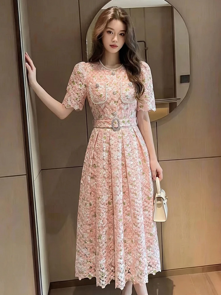 Summer Sweet Floral Lace Hollow Midi Dress Elegant Women Short Sleeve Belt Slim A Line Vestidos Robe Office Daily Casual Party