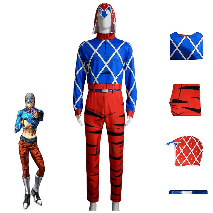 

Anime JoJo's Bizarre Adventure Wind Golden Guīdo Mista Cosplay Costume Blue Printing Sweater Adult Man Woman Carnival Party Suit