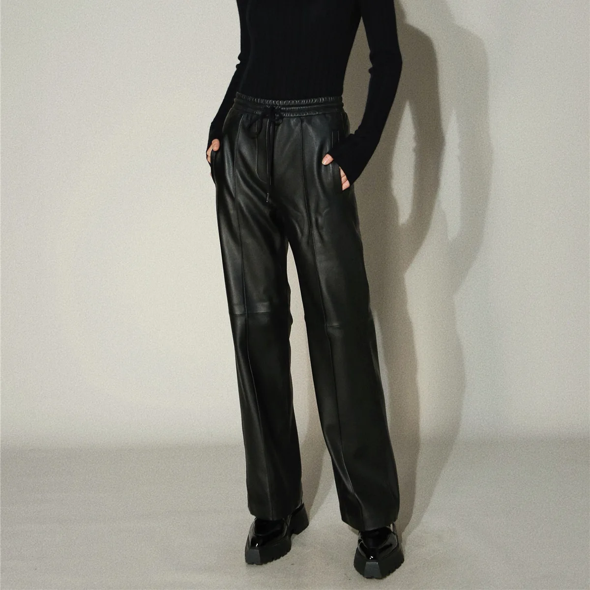 2024 New Style  Autumn And Winter  Women  Elastic Waist  Drawstring Design  Long Genuine Sheepskin Leather Pants