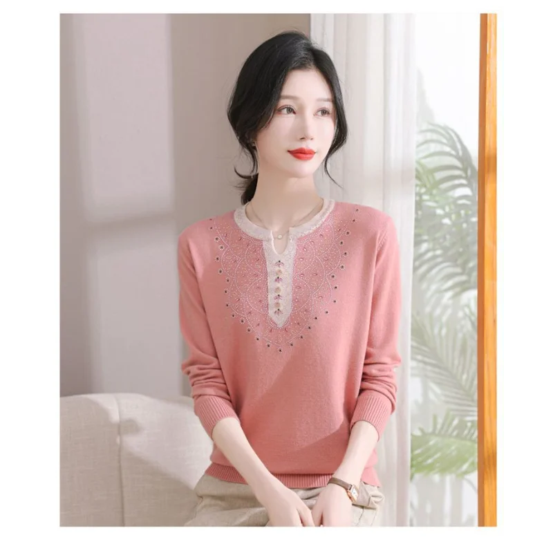 2025 Autumn New Style Spliced   round Neck Fashionable Solid Color Versatile Casual Base Knit Top
