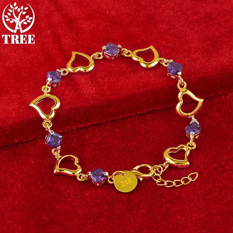 

ALITREE 24K Gold Shiny Purple Zircon Heart Bracelet Bangles Gift Cute Jewelry For Woman Christmas Wedding Engagement