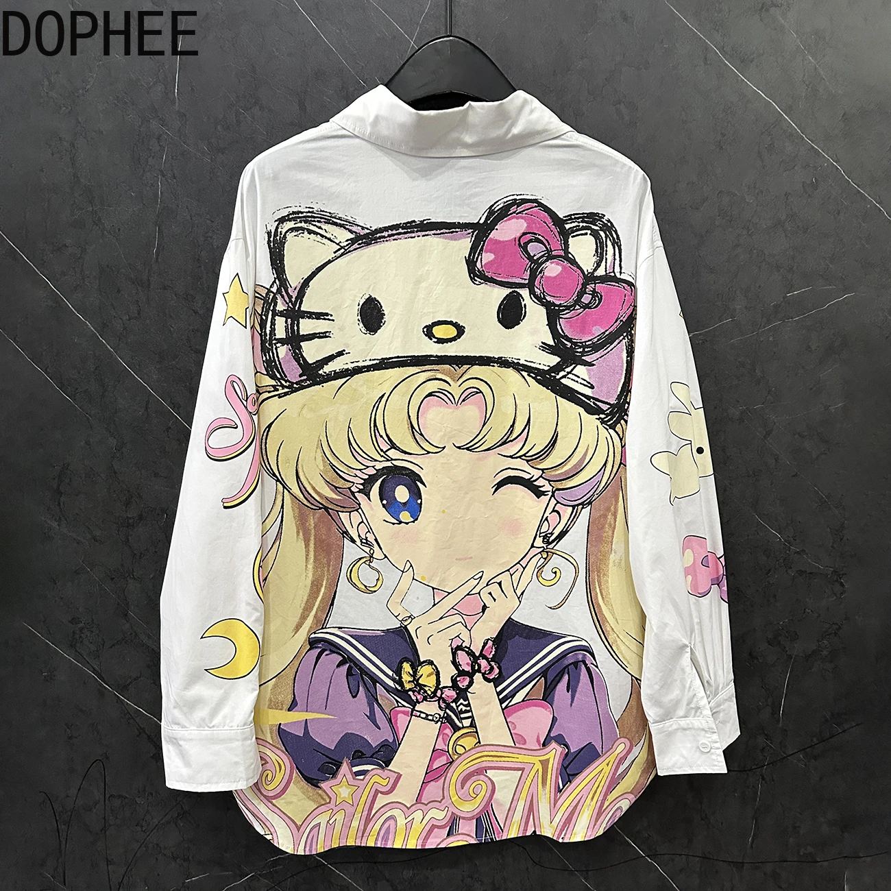

New Spring Summer Cartoon Printed Women Cardigans Top All-match Long Sleeve Women Blouses Mid-long Oversize Cute Girl Shirts