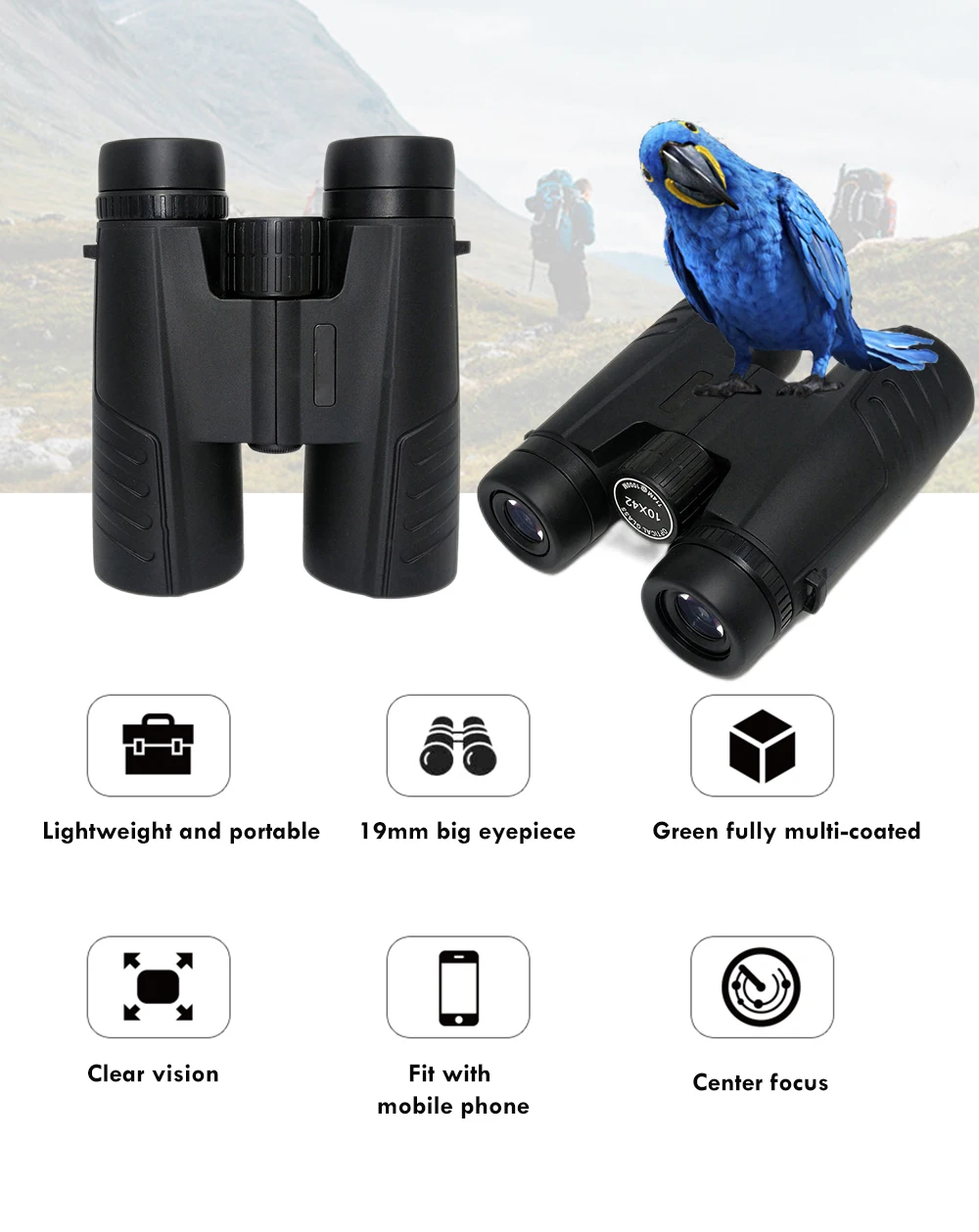 10x42 Compact Binoculars for Adults with BAK4 Prism FMC Lens for Bird Watching Travel