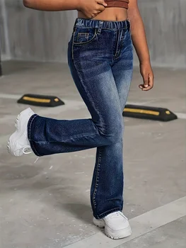 Girls Wide-Leg School Jeans 4 Girls' School-Style Fashion Wide-Leg Jeans, Elastic Waist and Comfortable Fabric, Suitable for All Seasons to Wear. 4