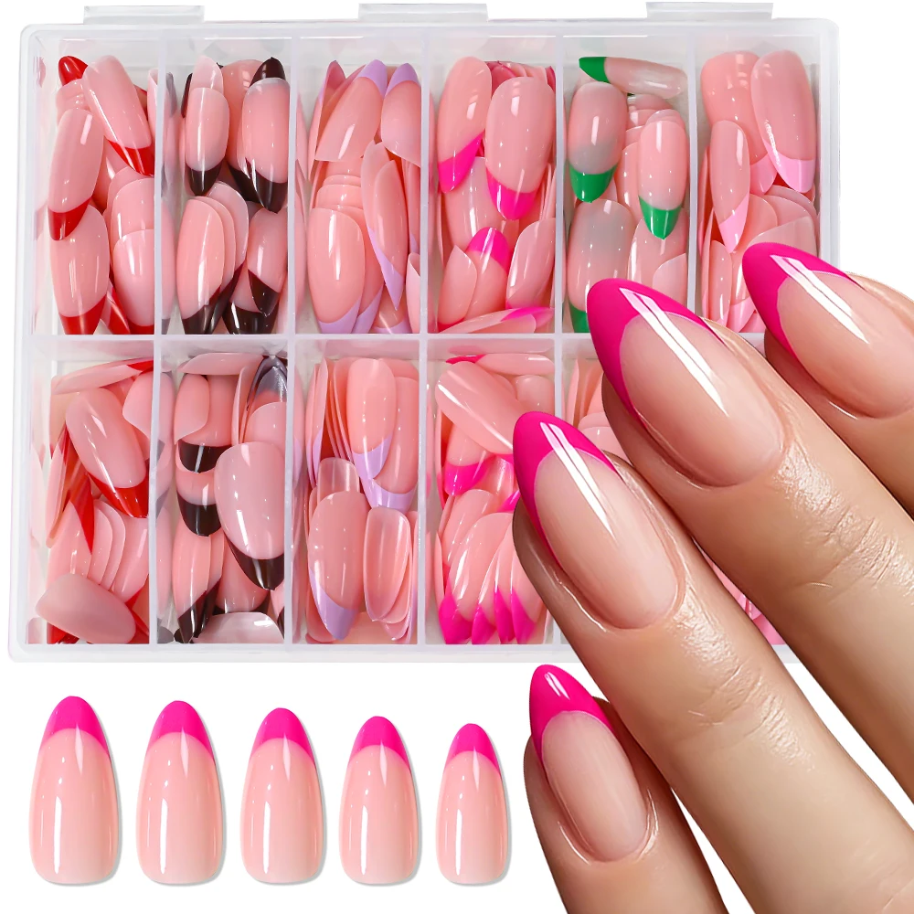 

288pcs Colored French Almond Press On Nails Nude Pink Red Purple White Nail Tip Summer Gel Fake Nails Elegant Women False Nails