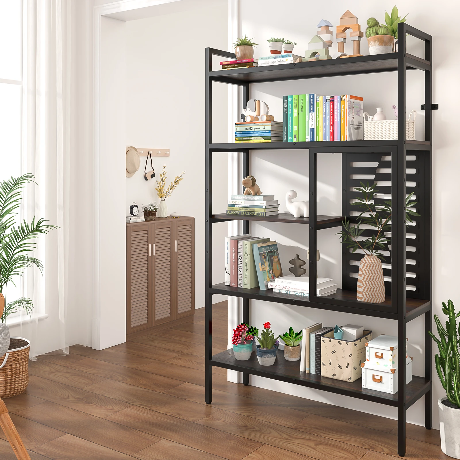 Rak Roti Besar dengan Lemari Atas, Lebar 40 inci, Rak Roti 5 Tingkat untuk Dapur dengan Penyimpanan, Rak Microwave Industrial, Rak Kopi