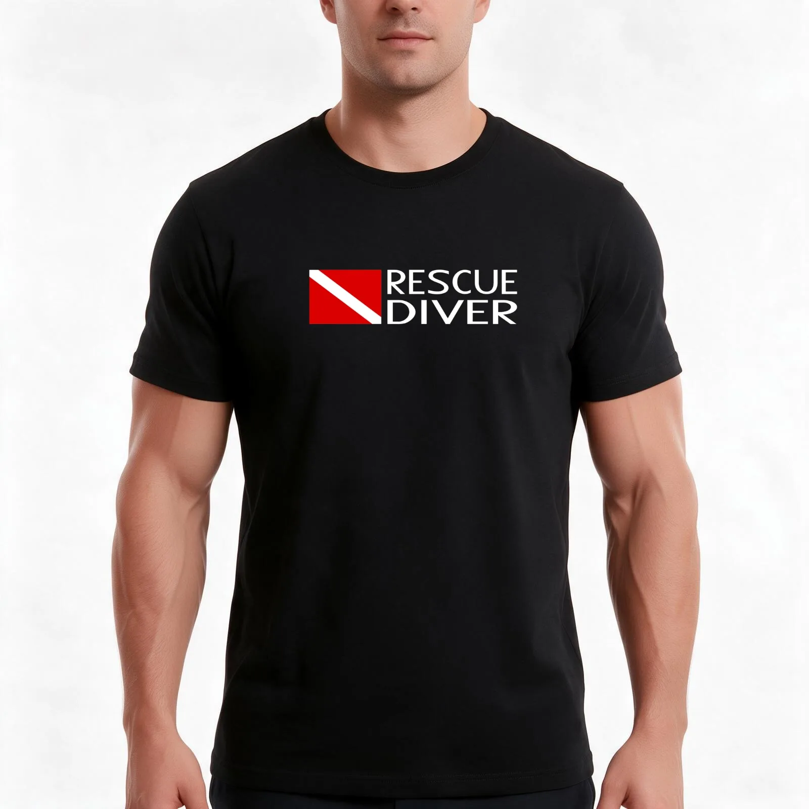 Diving: Diver Flag & Rescue Diver T-Shirt, Summer Casual Cotton Tee, Oversized Streetwear Tops, Vintage Graphic Print