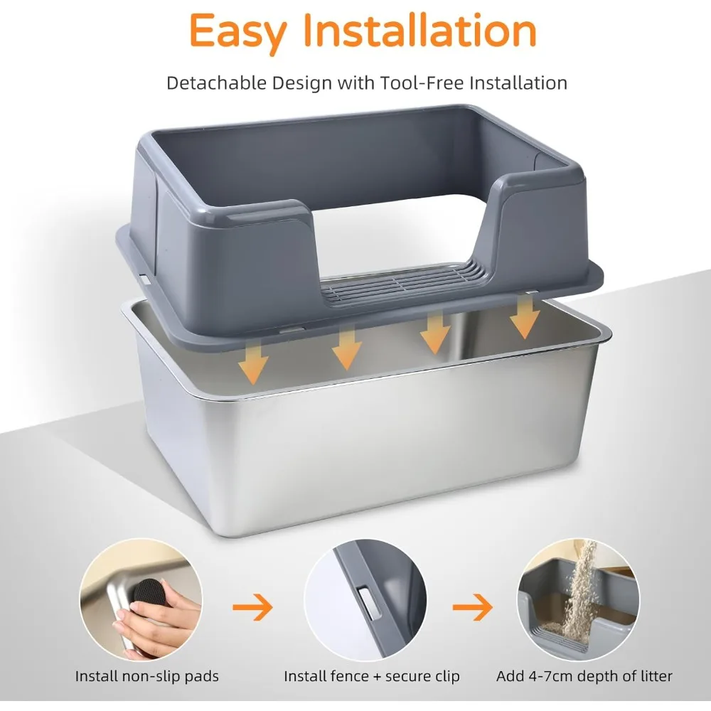 صندوق فضلات القطط كبير جدًا من الفولاذ المقاوم للصدأ مع غطاء، 23.7 لتر × 15.8 وات × 13.8 ارتفاع، حاوية عالية الجوانب للقطط الكبيرة #6