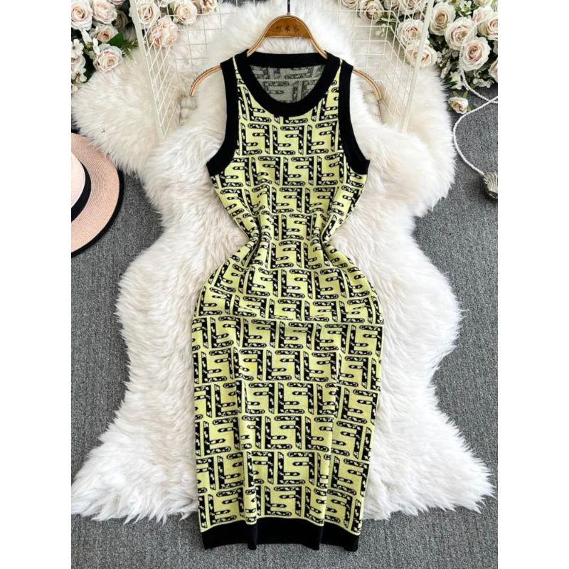 Chic vintage femmes été mince lettre imprimer tricoté moulante midi débardeur fête gaine robes genou longueur sexy club vestidos